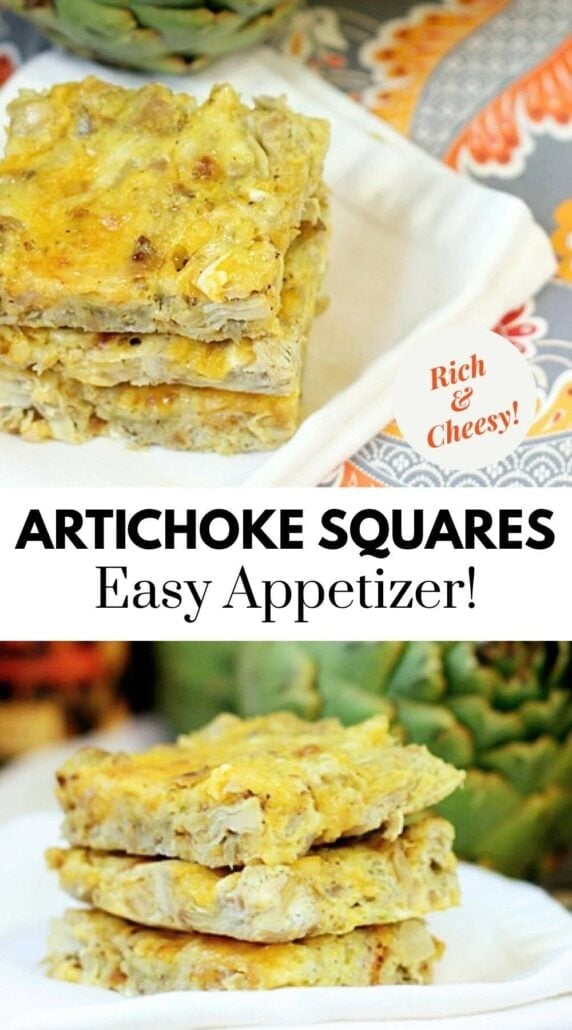 Stacks of cheesy artichoke squares on a white plate.