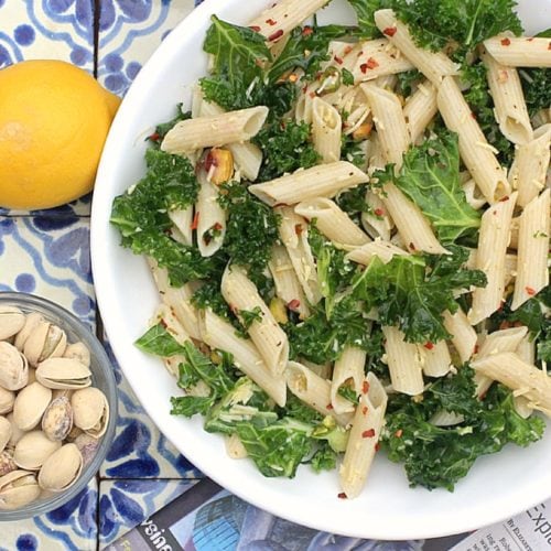 Lemony Kale Pasta Salad with Pistachio Nuts Gluten Free & Vegetarian