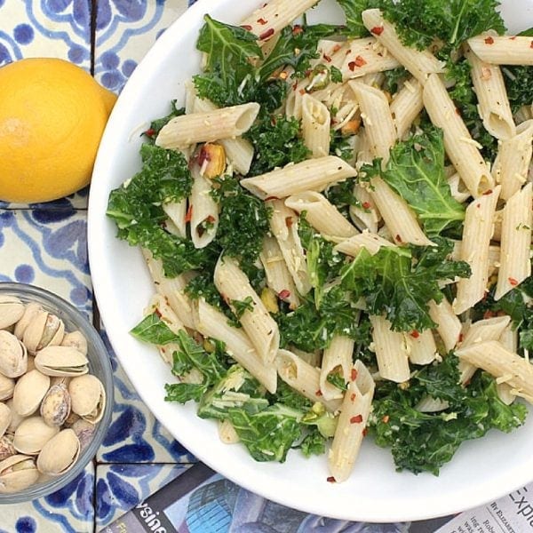 Lemony Kale Pasta Salad with Pistachio Nuts Gluten Free & Vegetarian