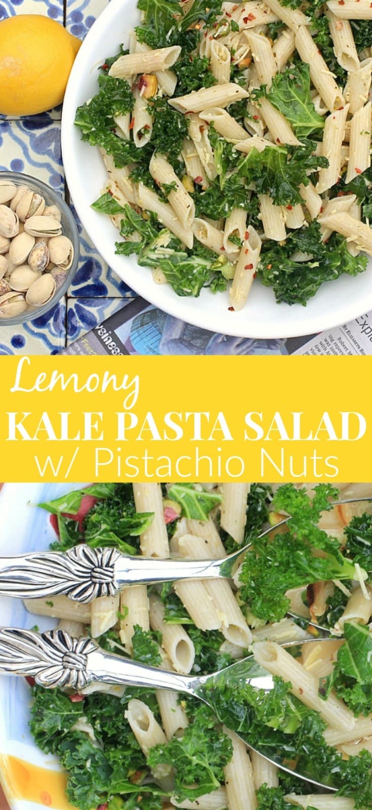 This Lemony Kale Pasta Salad with Pistachio Nuts is super simple to make, and packed with flavor. Make it with your pasta of choice ~ gluten free, grain free, or legume based for a nutritious boost of protein and fiber. So delicious! #glutenfree #vegetarian #meatlessmonday #pastasalad #kale