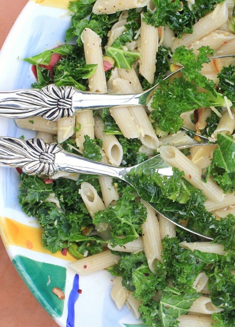 Lemony Kale Pasta Salad with Pistachio Nuts Gluten Free & Vegetarian