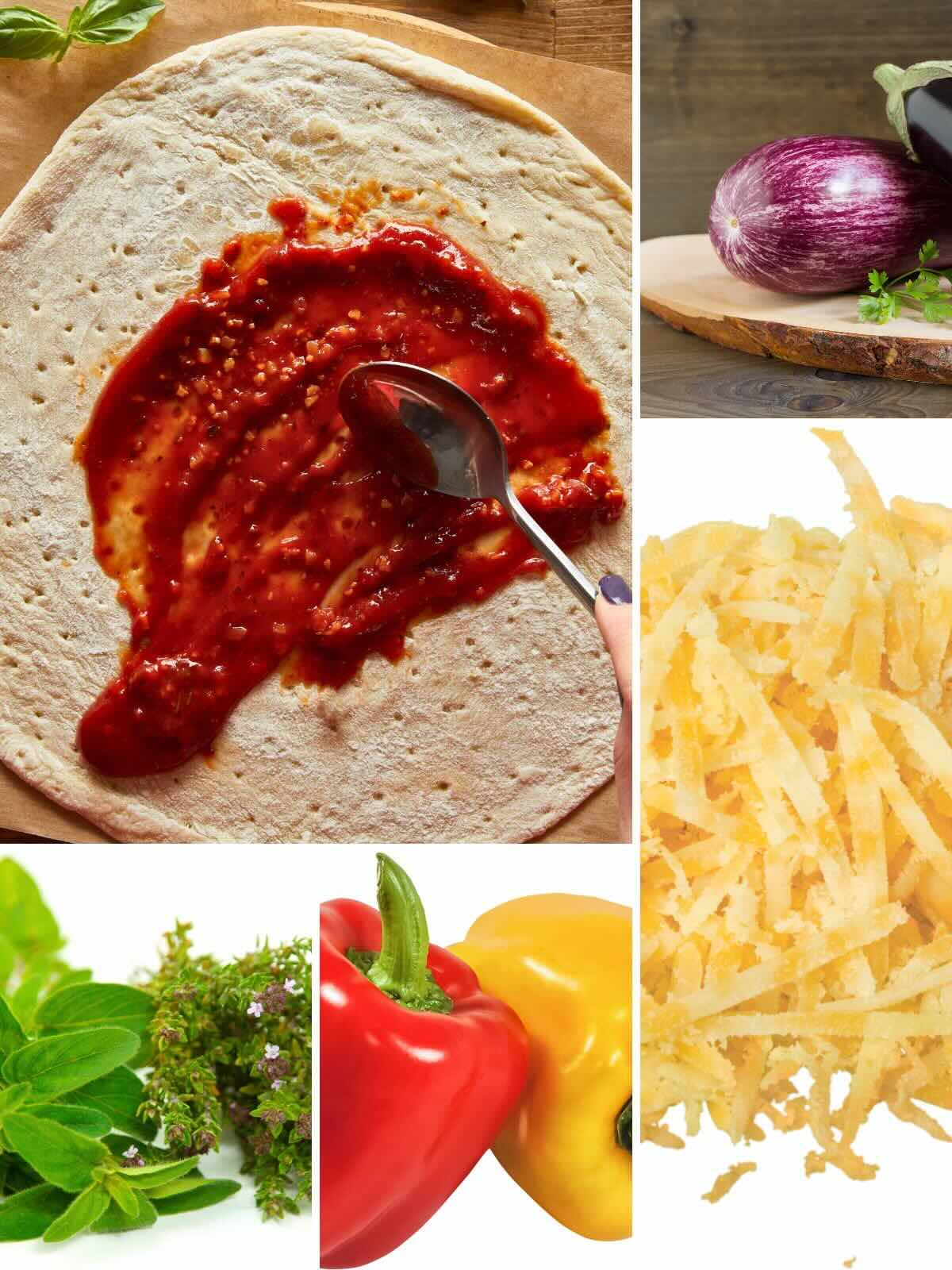 Pizza ingredients in a collage.