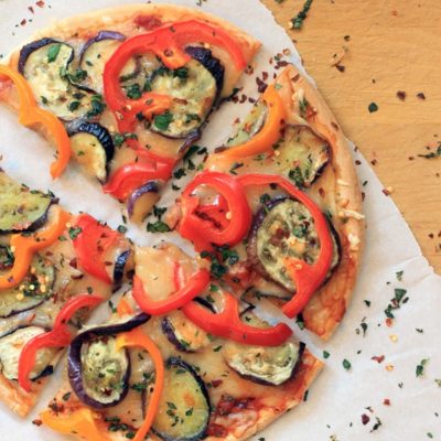 Gluten-free Cheddar, Bell Pepper, Eggplant, & Herb Pizza #sponsored