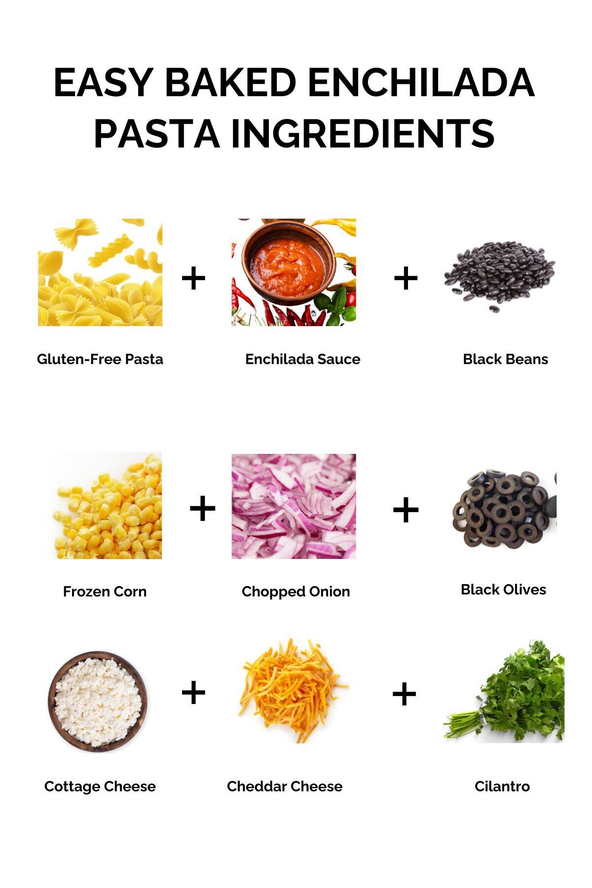 Photos of nine ingredients needed to make enchilada pasta on a white background.
