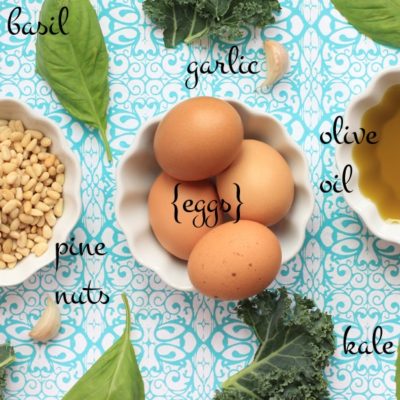 kale, basil, eggs, garlic, pine nuts, olive oil