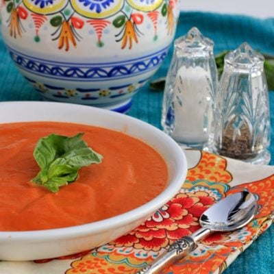 Healthy Cream of Tomato Soup. Pair it with grilled cheese sandwiches and apple slices sprinkled with cinnamon for a quick and nourishing weeknight meal!