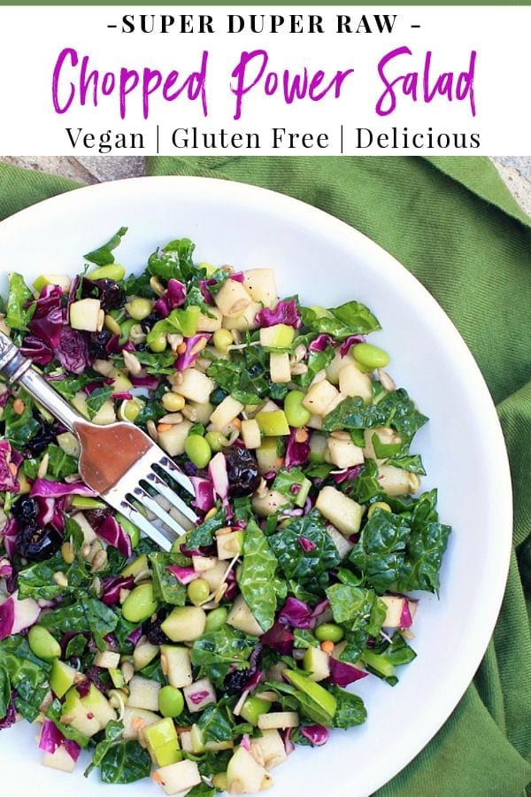 This Chopped Power Salad (vegan, gluten free) is loaded with nourishing superfoods like crunchy kale, crisp apples, purple cabbage, edamame, & sunflower seeds. Enjoy it as a side dish for dinner, then serve leftovers the next day for an easy, healthy lunch. | Salad Recipes #veganrecipes #glutenfreerecipes #salad #cleaneating #kalesalad #choppedsalad #lunch #sidedish