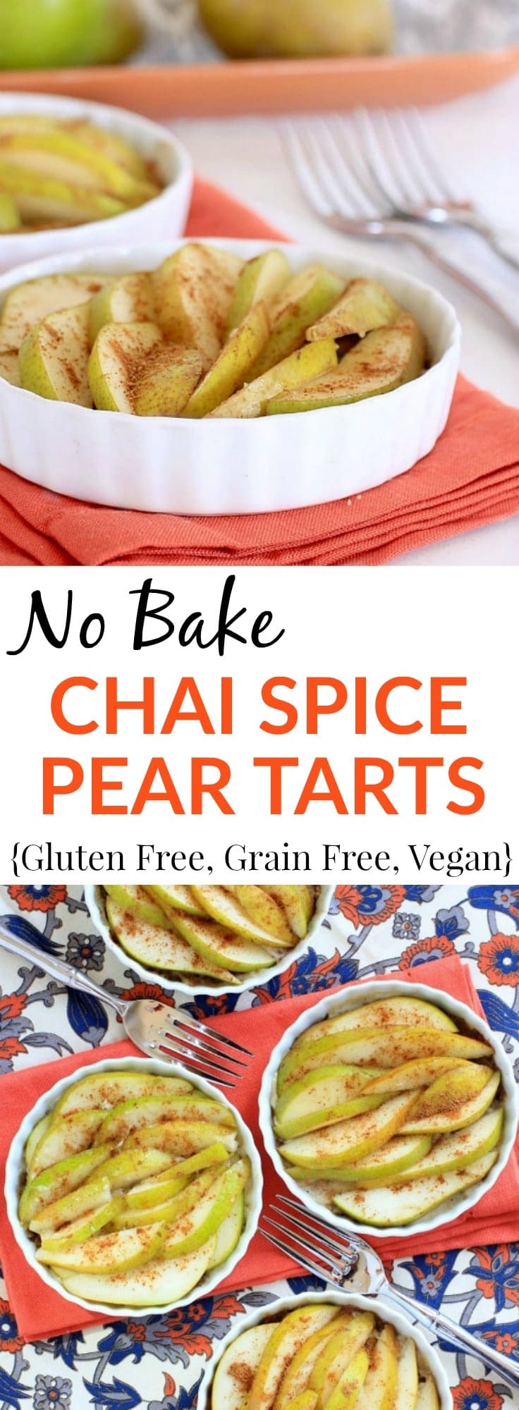 The most delicious pear tart recipe! This Easy, No Bake Pear Tart w/ Chai Spices and Coconut Cashew Cream is healthy enough to eat for breakfast, delicious enough to eat for dessert! #glutenfree #paleo #grainfree #vegan #fall