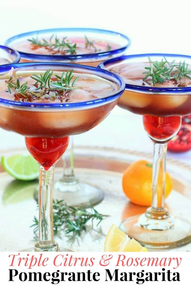 This pomegranate margarita is a seasonal twist on the traditional margarita. In-season citrus fruits + rosemary simple syrup add delicious holiday cheer! Swap the tequila w/ sparkling water, for an equally festive mocktail. Recipe at EA Stewart @thspicyrd #cocktails #holidayrecipes #margarita #newyearseve #christmas