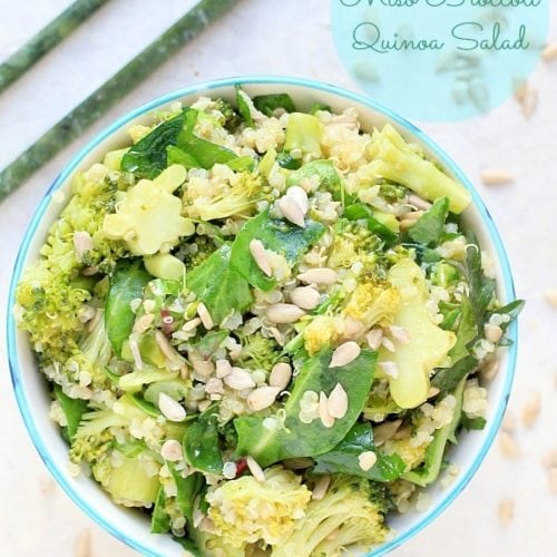 Easy, healthy make ahead lunch idea! Gluten Free, Vegan Miso Broccoli & Quinoa Salad | Recipe at The Spicy RD has a low FODMAP option too.