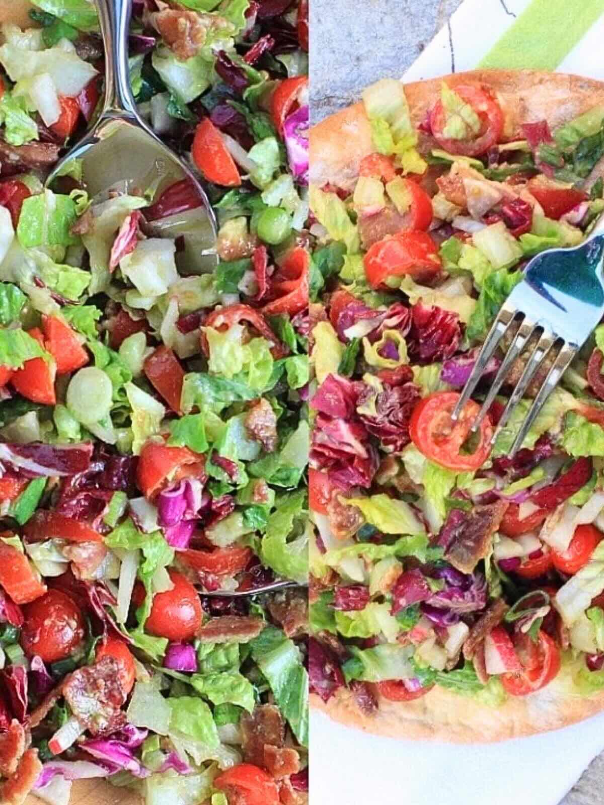 Side by side images of a chopped salad and a pizza.