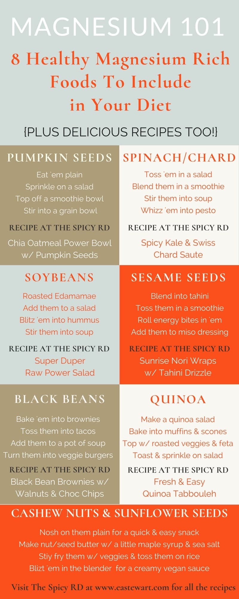 Are you eating these 8 foods high in magnesium that are good for your health? Get the scoop on this nutrition superstar & learn how to boost your health with marvelous magnesium-rich foods, recipes, and supplements if needed. Visit EA Stewart, The Spicy RD at www.eastewart.com for the recipes.