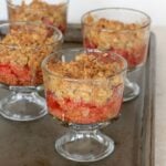Gluten free rhubarb crisp on a baking tray.