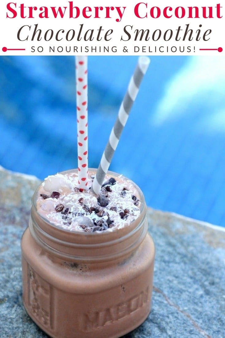This healthy chocolate smoothie with strawberries & coconut is packed with antioxidants & is so delicious! Make it for an easy, tasty breakfast or nourishing afternoon snack. It's gluten free & vegetarian w/ Low FODMAP, paleo, & vegan options. Enjoy! | Smoothie Recipes #smoothies #chocolate #drinks #vegansmoothie