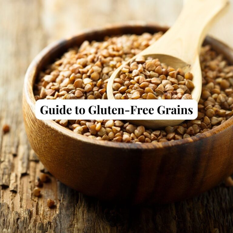 Bowl of buckwheat with text overlay: Guide to Gluten-Free Grains.