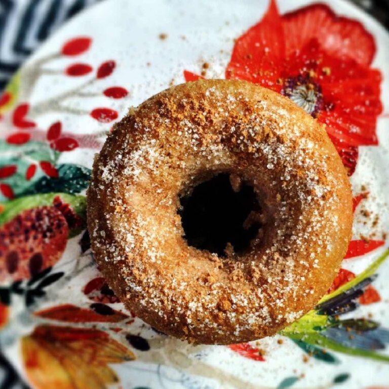 Spiced gluten free apple cider donut on a colorful plate.