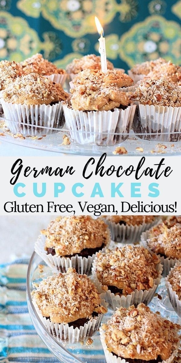 These German Chocolate Cupcakes w/ Coconut Pecan Caramel Frosting are super moist and delicious. They're also vegan, gluten free, and grain free so everyone can enjoy them for a special dessert!