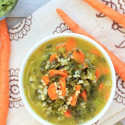 Kale and Basmati Soup with Pumpkin Seed Pesto