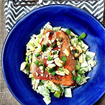 This Easy Asian Pan Seared Salmon Salad for One is ready in l10 minutes or less, and makes a delicious light and healthy lunch for those days when you have no time to spare! {gluten-free, low carb, heart healthy}