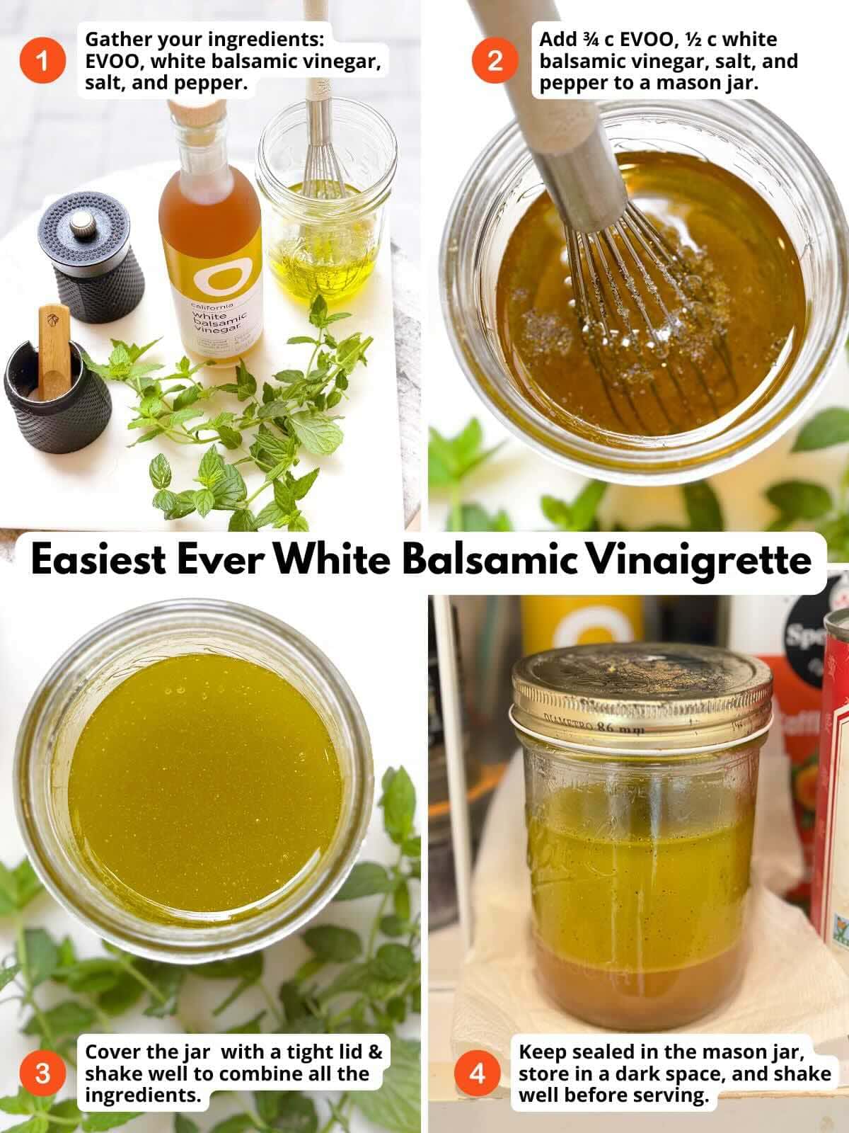 Four photo collage featuring ingredients and steps to make homemade vinaigrette.