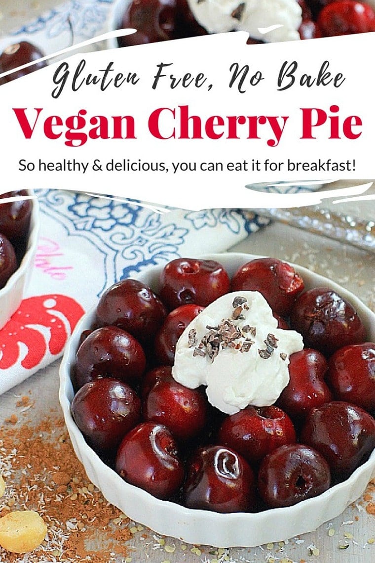 vegan cherry pie in a white mini tart dish with whipped cream on top