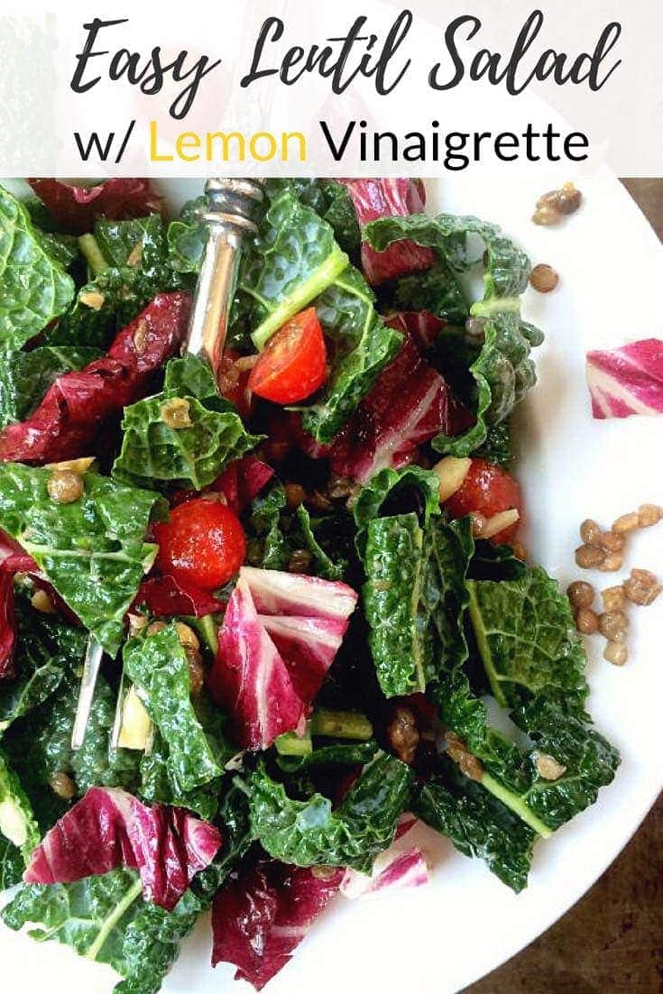 This easy lentil salad {gluten free, low FODMAP, vegan} is packed with flavor & nourishing ingredients, including kale, cherry tomatoes, and almonds. You can whip it up in 10 minutes for a light, yet satisfying plant based protein and fiber rich lunch or dinner. #vegan #lentils #glutenfree #lowfodmap