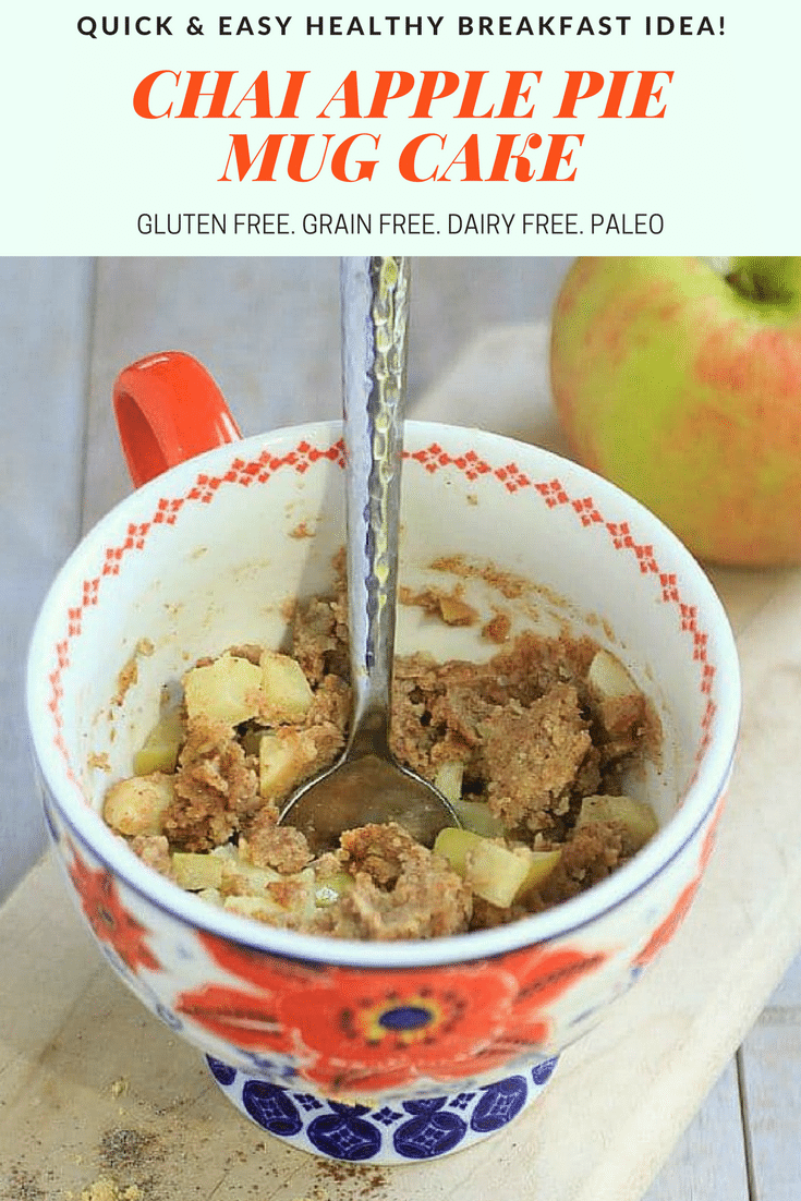 This healthy mug cake with apples and chai spices, is a delicious treat for breakfast or dessert! It's gluten free, dairy free, grain free, and paleo. Oh, and it's super quick and easy to make! Serve it with Greek yogurt for a delicious protein packed breakfast. #mugcake #fallrecipes #healthybreakfast