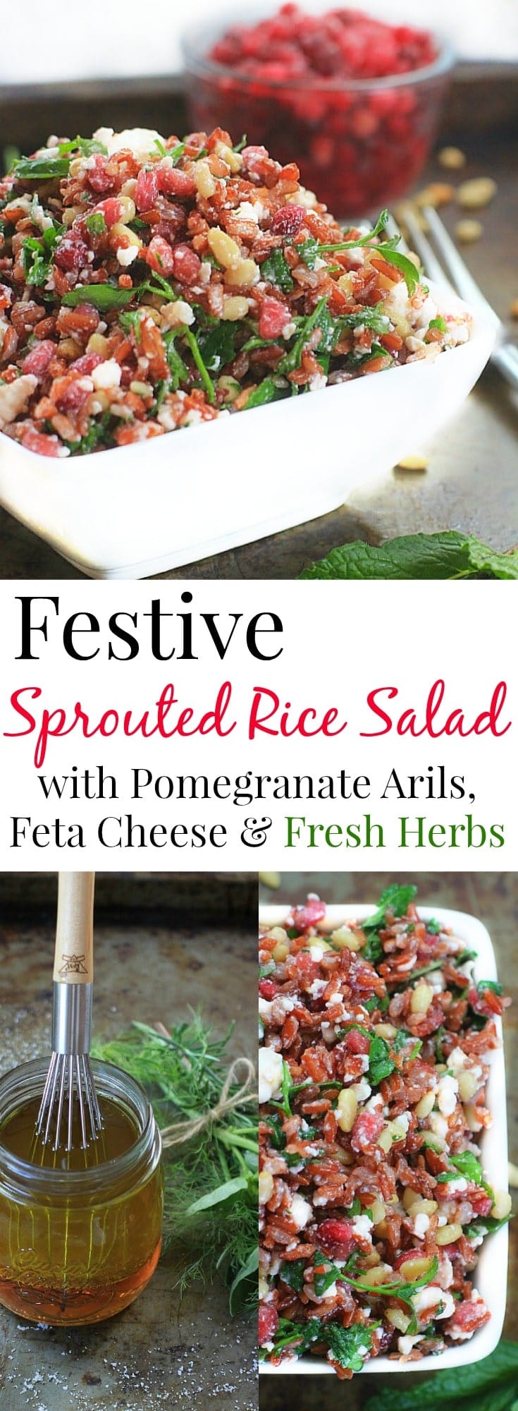 Fresh, fast, and delicious, this Red Jasmine Sprouted Rice Salad with Pomegranate, Feta, Pine Nuts, and Fresh Herbs, is a healthy side or main dish to enjoy over the holidays, and all year long! #GlutenFree #lowFODMAP #holidayrecipes #quickandeasy #healthyfood