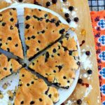 Close up square photo of almond flour scones with blueberries on a white plate.