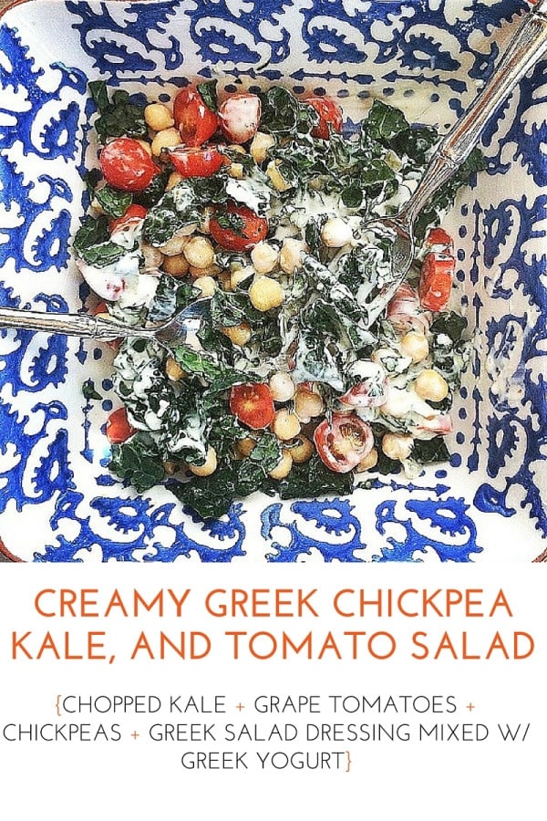 Quick & easy healthy lunch idea! Creamy Greek Chickpea, Kale, and Tomato Salad
