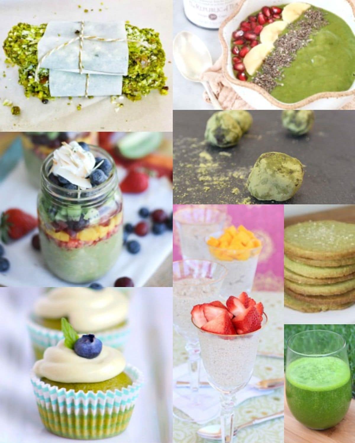 Collage featuring a variety of healthy, colorful matcha recipes.