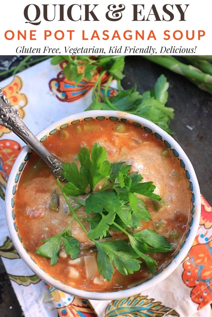You’ll be reaching for this quick and easy one pot lasagna soup recipe when the soup craving hits. Gluten-free and vegetarian, it’s perfect for Meatless Monday or any day of the year! | Healthy Dinner Recipes #soup #healthyrecipes #kidfriendly #quickandeasy #glutenfreerecipes #vegetarianrecipes