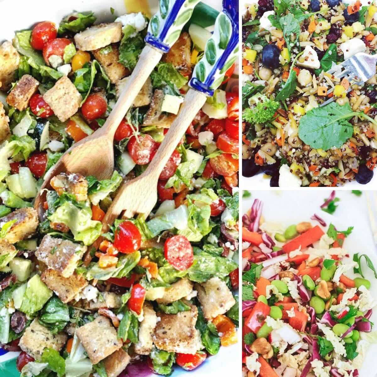 Photo collage with 3 colorful salads: panzanella salad, asian chopped salad, and quinoa vegetable salad.