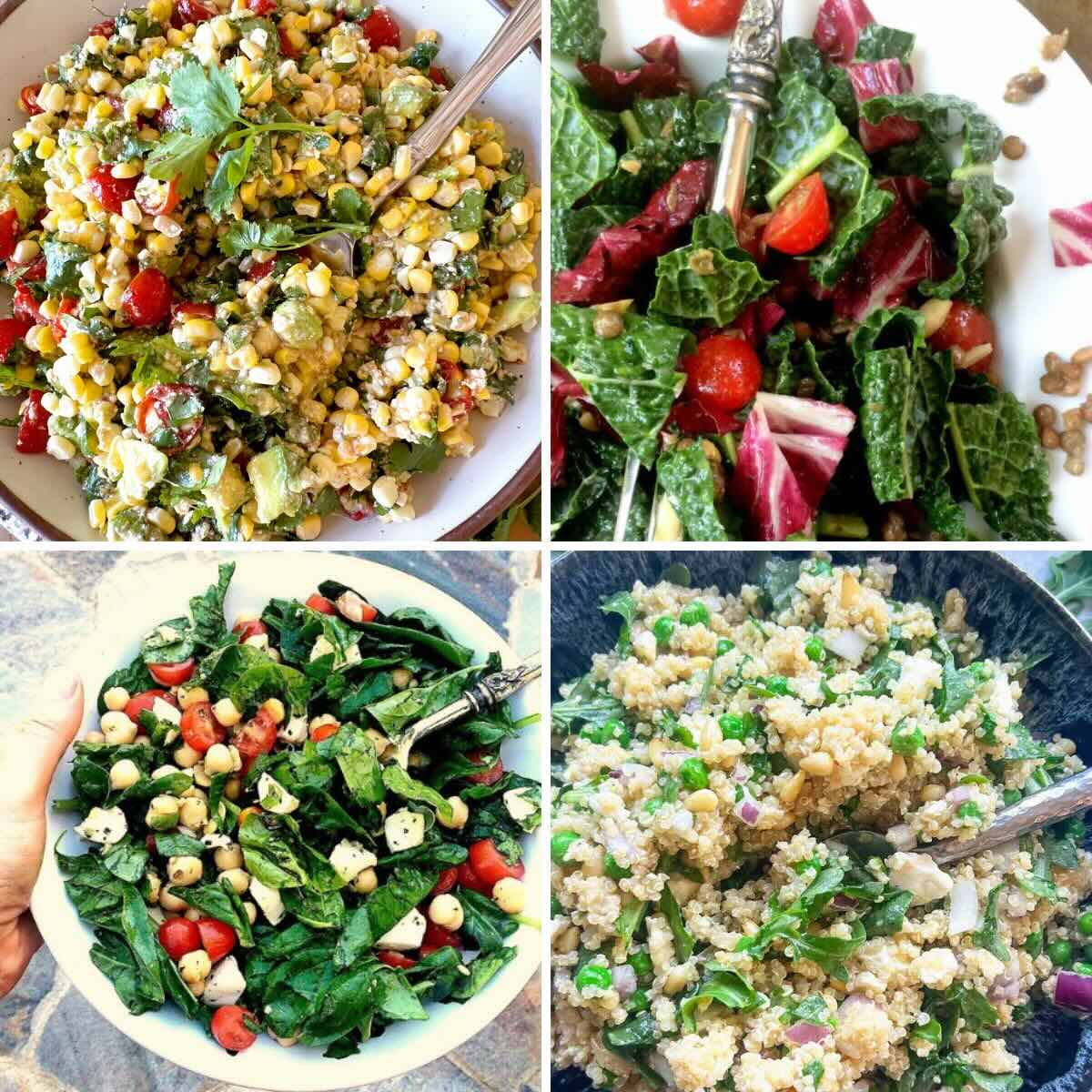 Four photo collage with 4 colorful salads:corn avocado salad, lentil kale salad, spinach mozzarella salad, quinoa salad.