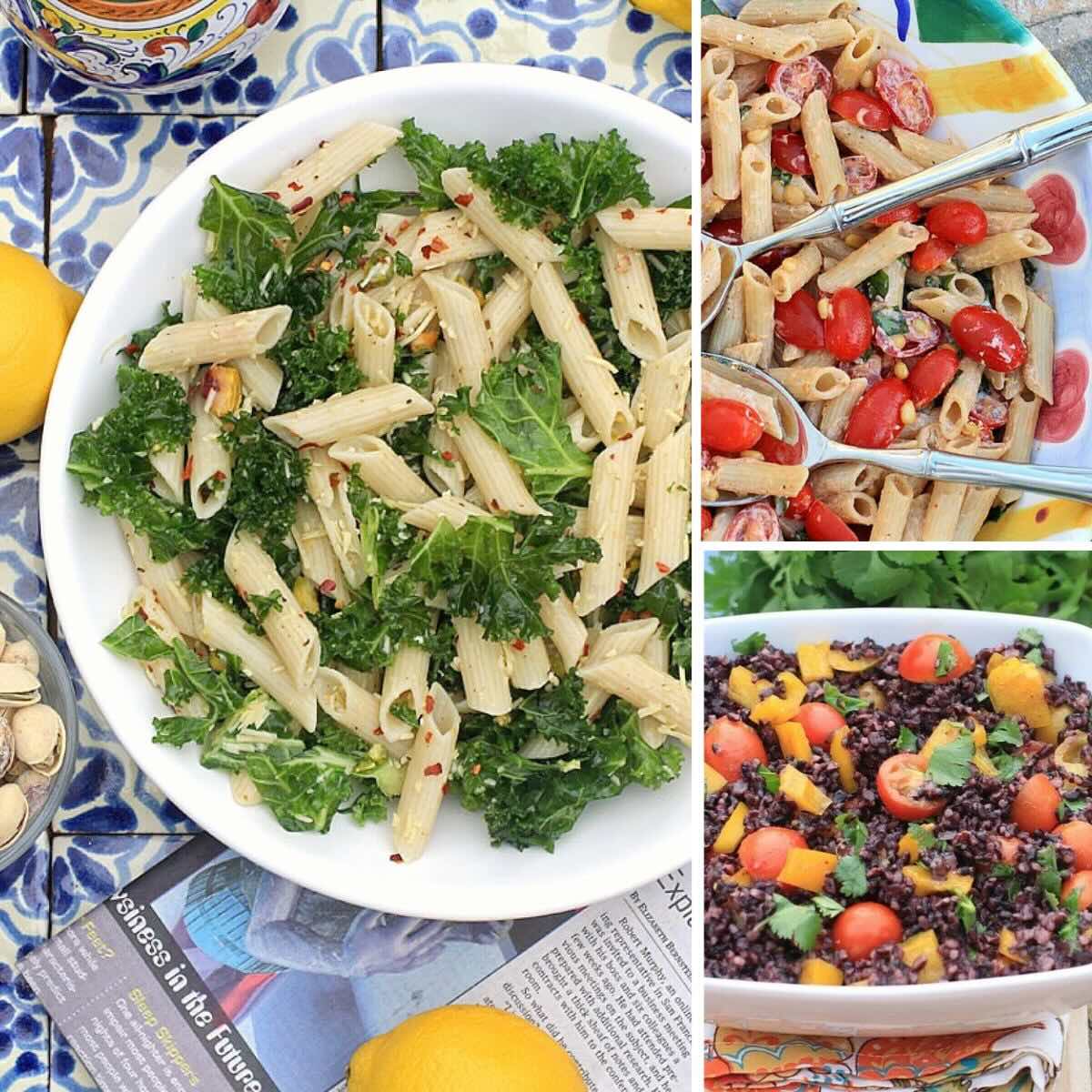 Photo collage with 3 colorful salads: kale pasta salad, tomato basil pasta salad, rice and vegetable salad.