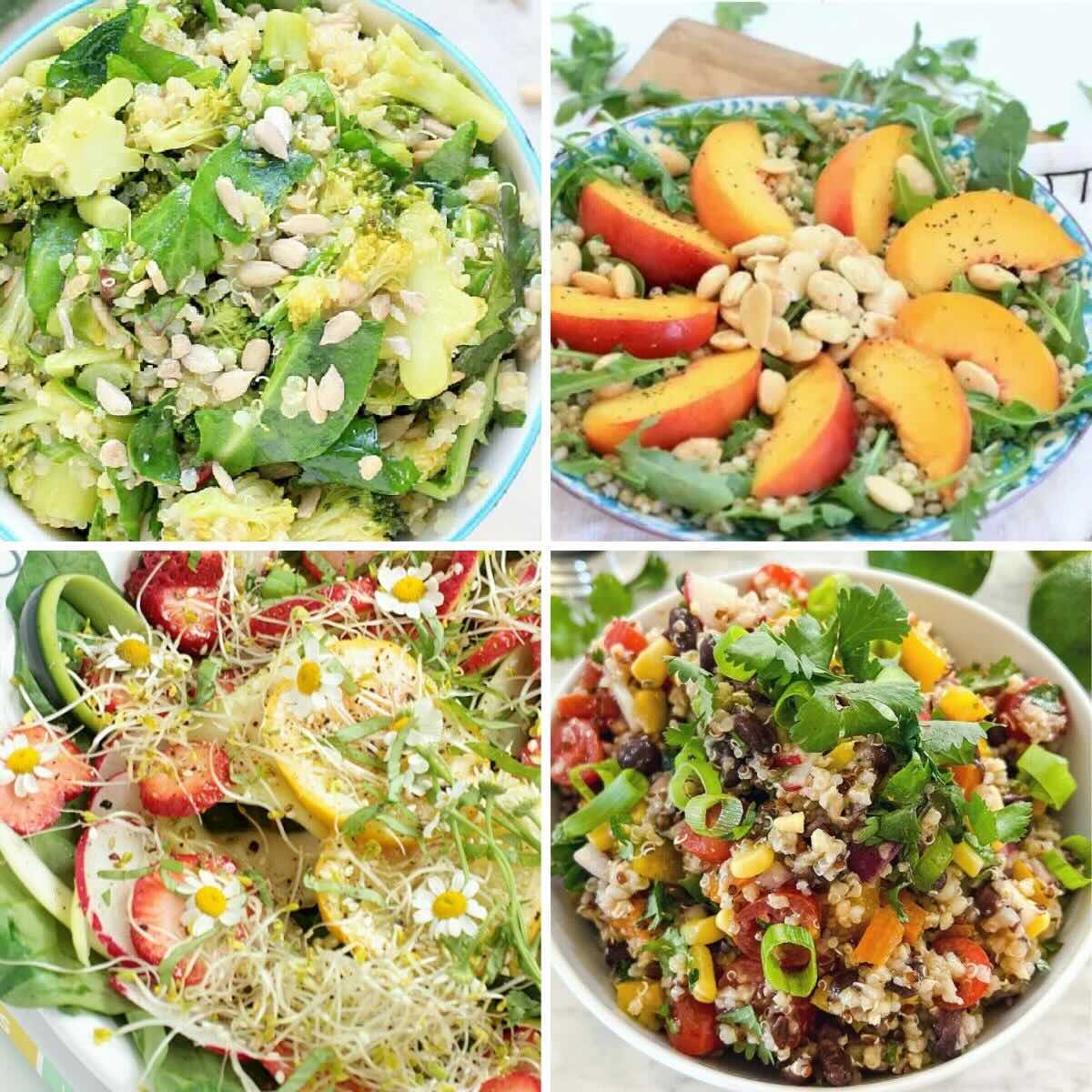 Four photo collage with 4 colorful salads: broccoli quinoa salad, peach salad, strawberry salad, black bean and vegetable salad.