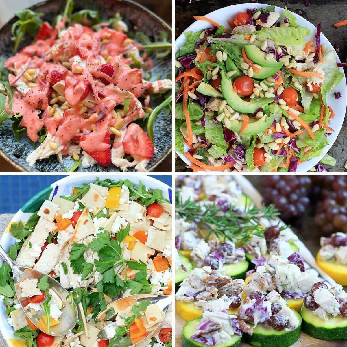 Four photo collage with 4 colorful salads: strawberry salad, rotisserie chicken salad, fattoush salad, and chicken salad.