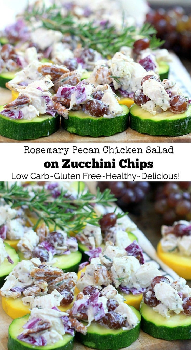This easy low carb {gluten-free, low FODMAP} Rosemary Pecan Chicken Salad with sweet and juicy Champagne grapes served on zucchini chips, is a light yet nourishing meal for lunch or dinner. Get the recipe, plus more healthy, gluten free recipes at EA Stewart, Spicy RD Nutrition @thespicyrd