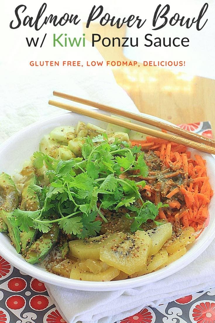 Power bowls are perfect for an easy, healthy lunch or dinner. This Salmon Power Bowl is topped with a delicious kiwifruit ponzu sauce, then layered with carrots, cucumbers, kiwi fruit, and avocado. Get the recipe @thespicyrd #glutenfree #lowfodmap #salmon #powerbowl