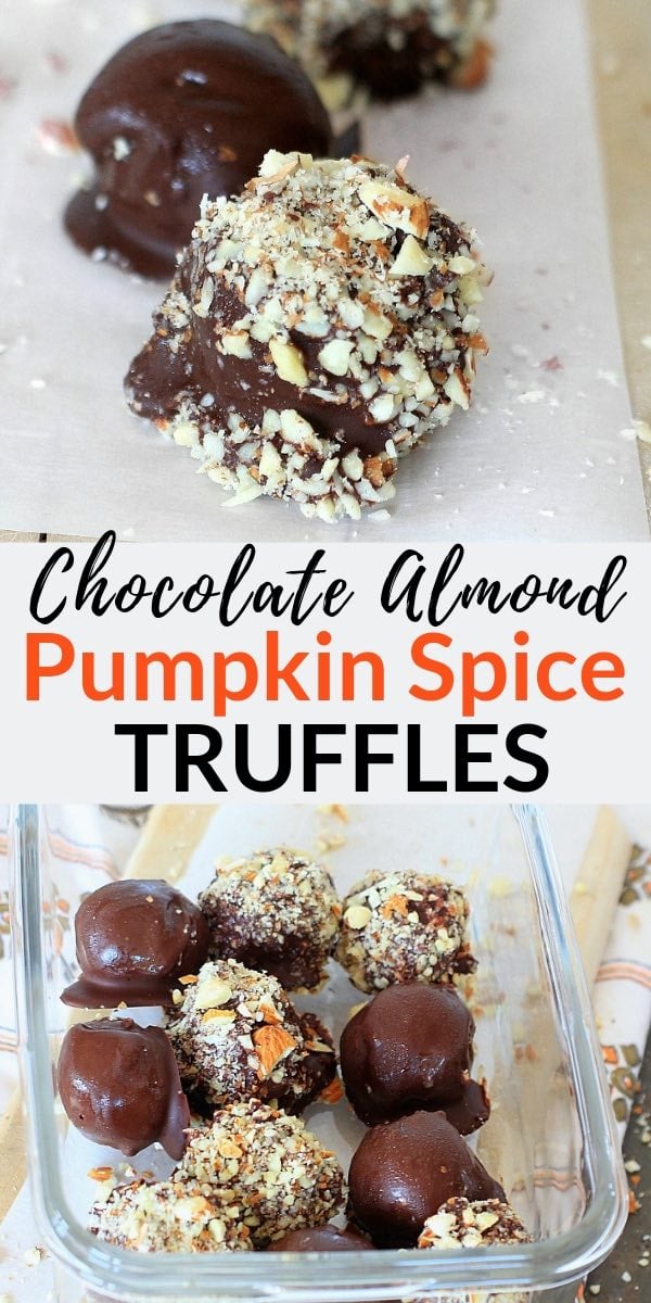 These easy Pumpkin Spice Truffles with Almonds and Dark Chocolate are melt-in-your-mouth delicious, and perfect for a healthy fall treat! Gluten-free, dairy-free, & low carb, they're easy to adapt for vegan and low FODMAP diets too! #healthysnacks #lowfodmap #pumpkin #pumpkinspice #fall #glutenfree #lowcarb #paleo