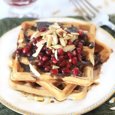 Gluten Free Waffles with Pomegranate Orange Syrup and Almonds