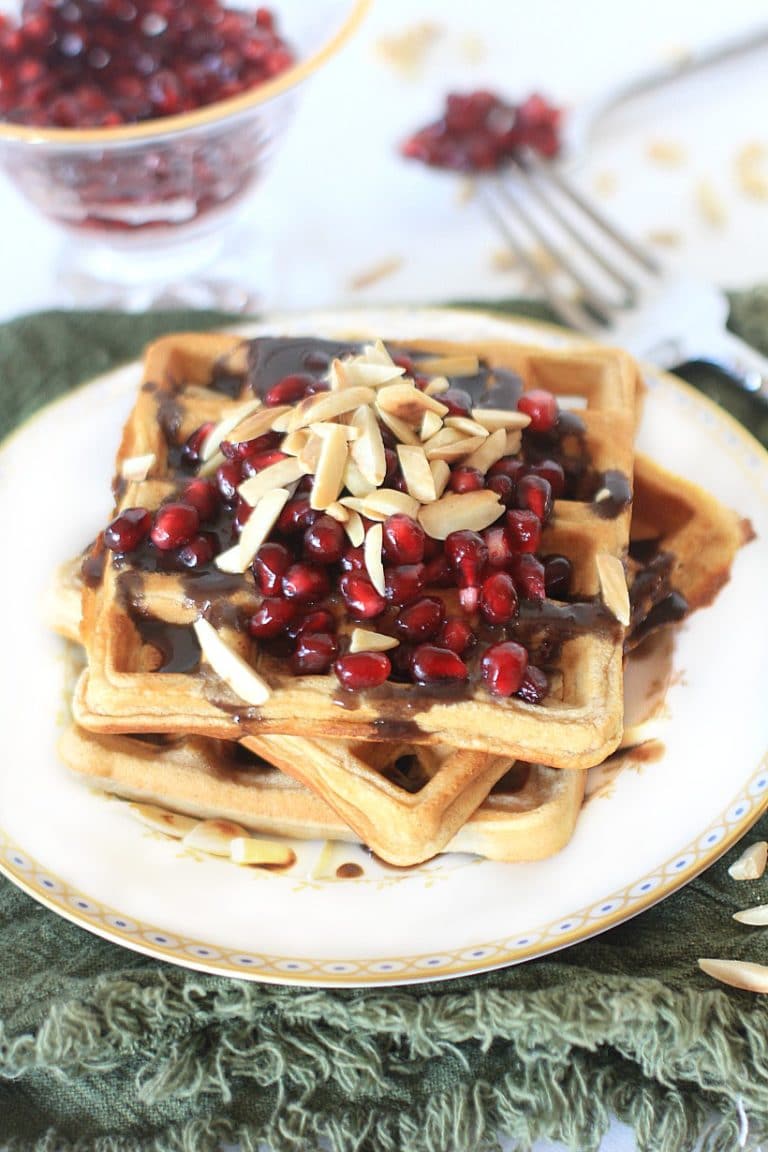 Gluten Free Waffles with Pomegranate Orange Syrup and Almonds