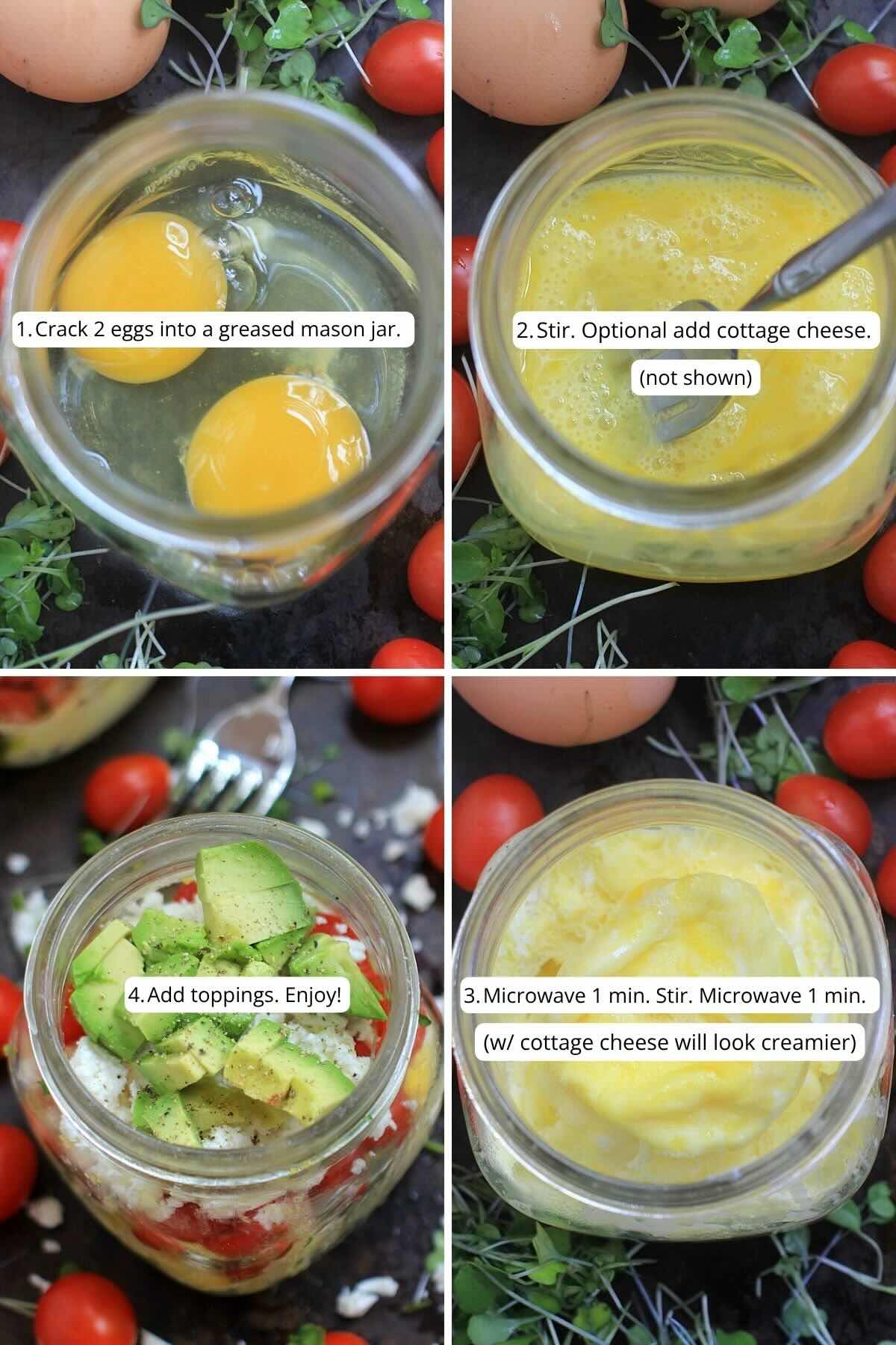 Collage with step by step photos showing how to make microwave scrambled eggs.
