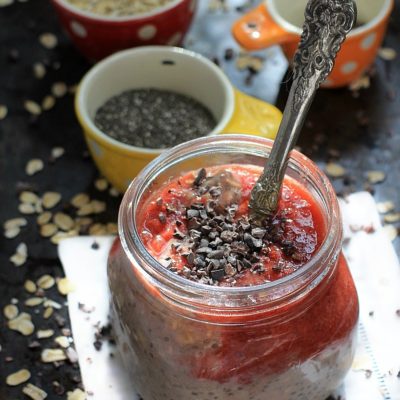 These Chocolate Overnight Oats with Chia Seeds and Warm Strawberry Vanilla Compote are the ultimate healthy "dessert for breakfast" treat! | Recipe at The Spicy RD is gluten free, vegan, and low FODMAP