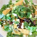 This healthy taco salad with easy homemade Caesar salad dressing, creamy avocado, crunchy pumpkin seeds, and {optional} pan seared flank steak is a delicious new twist for #TacoTuesday !