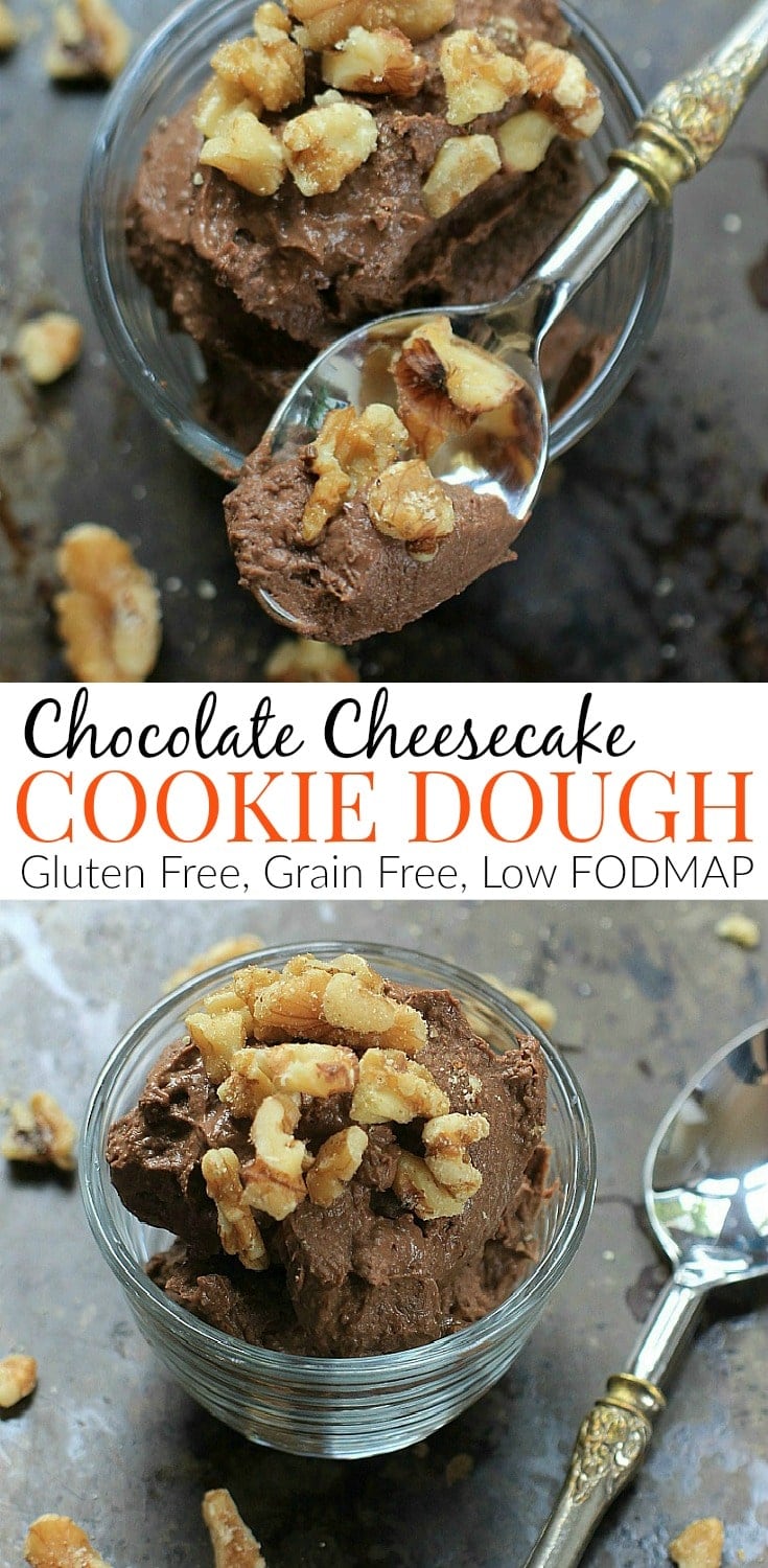 Made with only 5 ingredients, this healthy, no bake Chocolate Cheesecake Edible Cookie Dough {gluten free, grain, free, low FODMAP option} will satisfy all your chocolate cravings! #glutenfree #healthytreats #grainfree #lowfodmap
