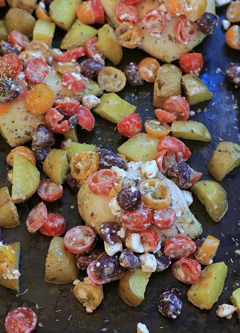 Sheet Pan Chicken and Potatoes with Greek Salsa } | Easy, Healthy Dinner Recipes | Gluten Free, Grain Free, Low FODMAP option