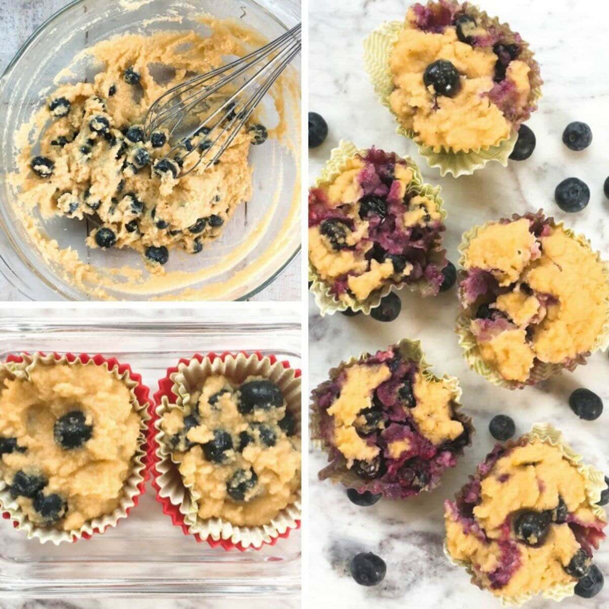 Photo collage with uncooked and baked blueberry muffins.