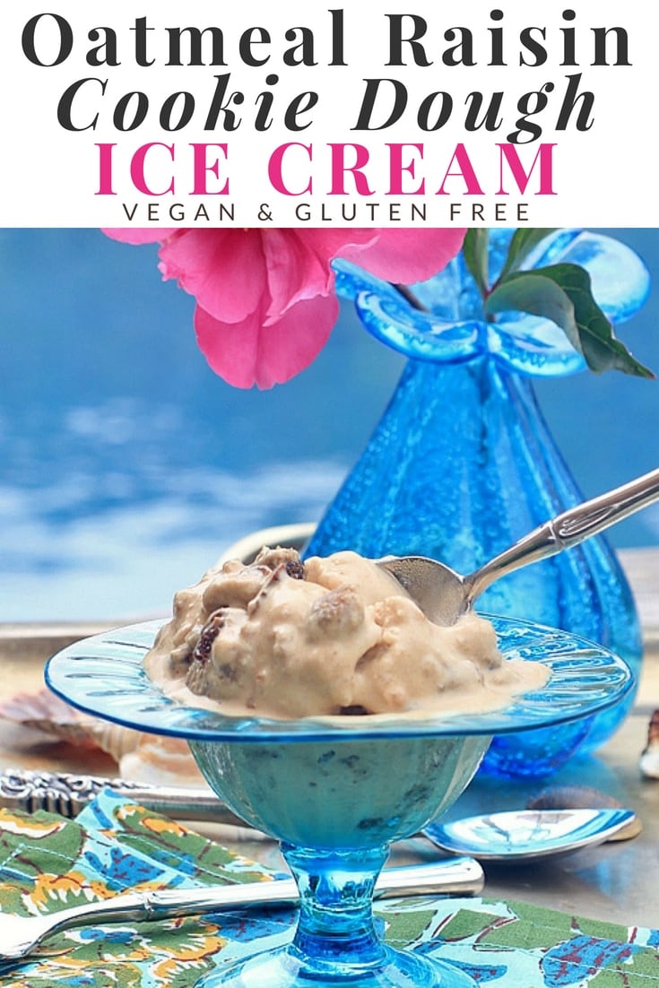 You'll love this healthy, homemade Oatmeal Cinnamon Raisin Cookie Dough Ice Cream! It's vegan and gluten free, and SO easy to make ~ perfect for a delicious summer treat! | Ice Cream Recipes #icecream #veganrecipes #glutenfreerecipes #summerrecipes #cookiedough