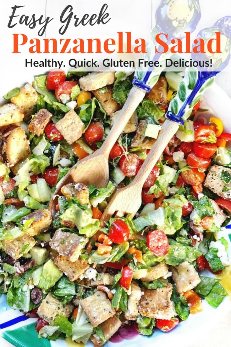 Clean out the fridge! This Easy Greek Panzanella Salad is a healthy meal for lunch or dinner Get the gluten free, vegetarian, & low FODMAP recipe @thespicyrd #panzanellasalad #healthydinner #vegetarianrecipe #lowfodmap